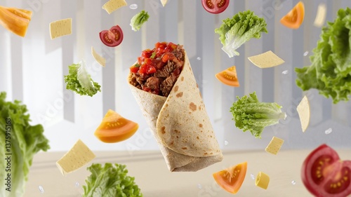A floating burrito filled with beef, fresh salsa, and cilantro, set against a light minimalist background, ideal for modern food presentations and advertisements. 