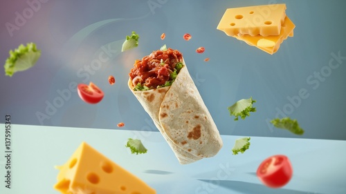 A floating burrito filled with beef, fresh salsa, and cilantro, set against a light minimalist background, ideal for modern food presentations and advertisements. 