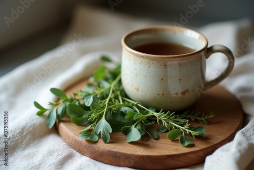 Cozy herbal tea with fresh green leaves on wooden tray