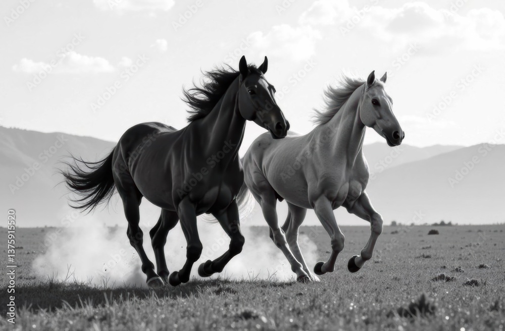 Fototapeta premium Two horses running freely in a field under a cloudy sky
