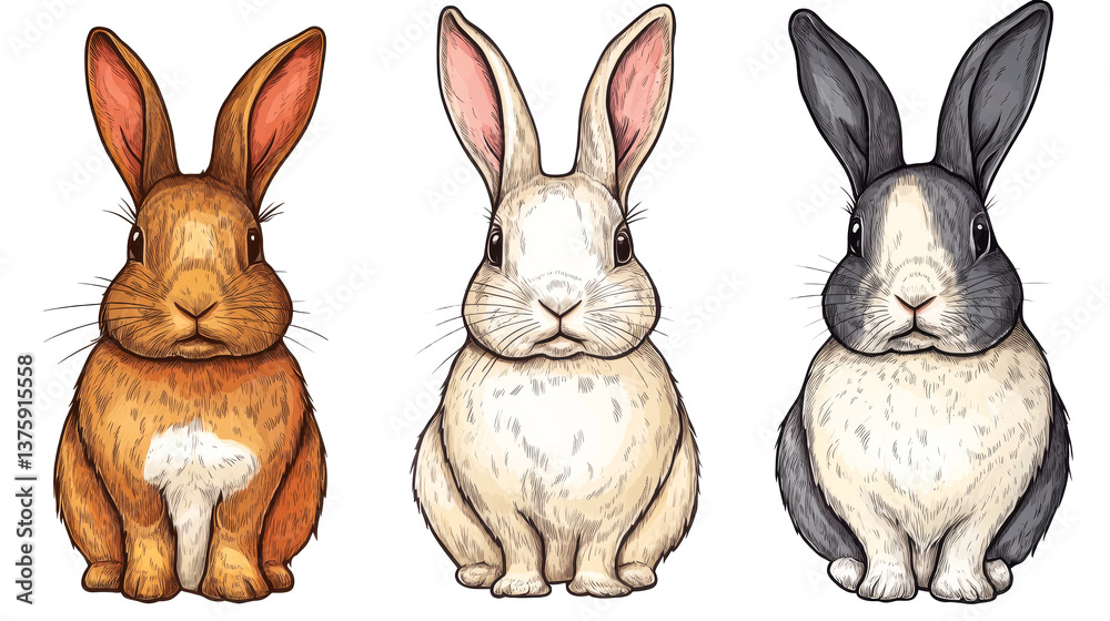 Three rabbits of different colors stand side by side, cut out transparent Three rabbits of different colors stand side by side, cut out transparent