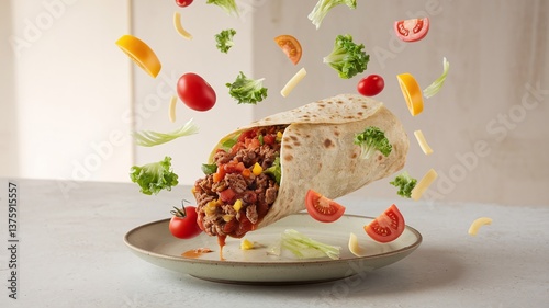 A floating burrito filled with beef, fresh salsa, and cilantro, set against a light minimalist background, ideal for modern food presentations and advertisements. 