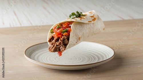 A floating burrito filled with beef, fresh salsa, and cilantro, set against a light minimalist background, ideal for modern food presentations and advertisements. 
