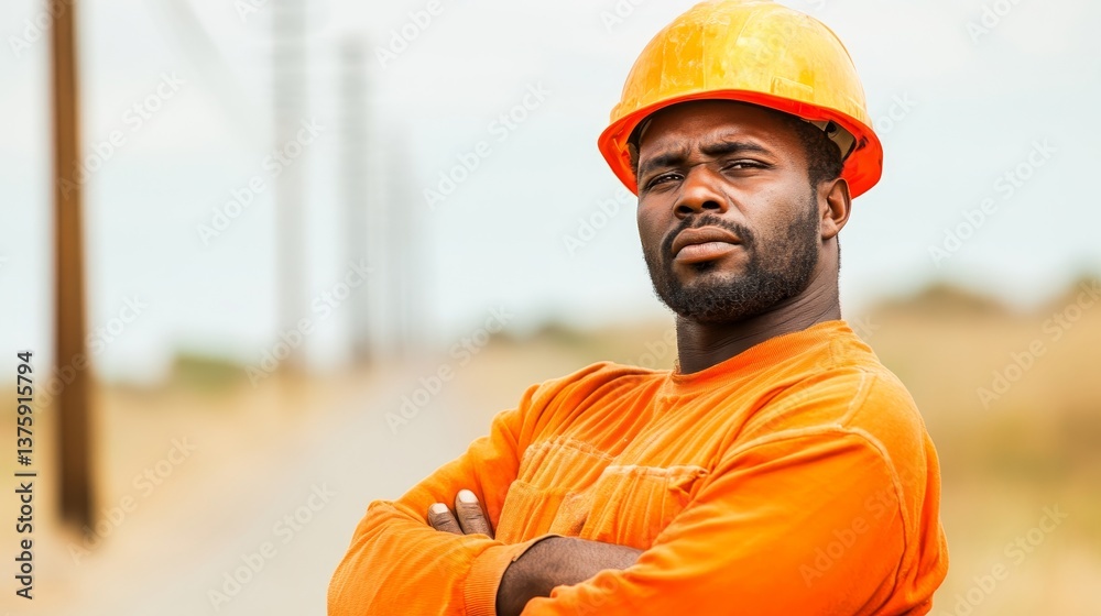 Confident utility worker in orange uniform and helmet standing near power lines ready for field operations and energy maintenance services
