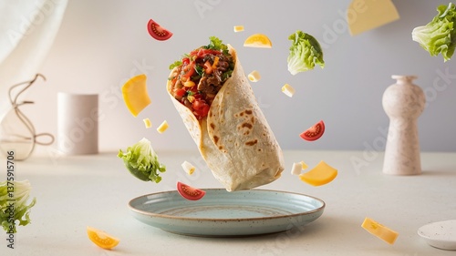 A floating burrito filled with beef, fresh salsa, and cilantro, set against a light minimalist background, ideal for modern food presentations and advertisements. 