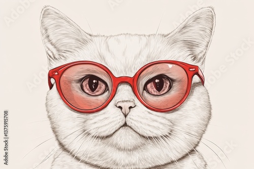 A white cat wearing red eyeglasses looking directly at the viewer