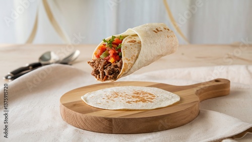 A floating burrito filled with beef, fresh salsa, and cilantro, set against a light minimalist background, ideal for modern food presentations and advertisements. 