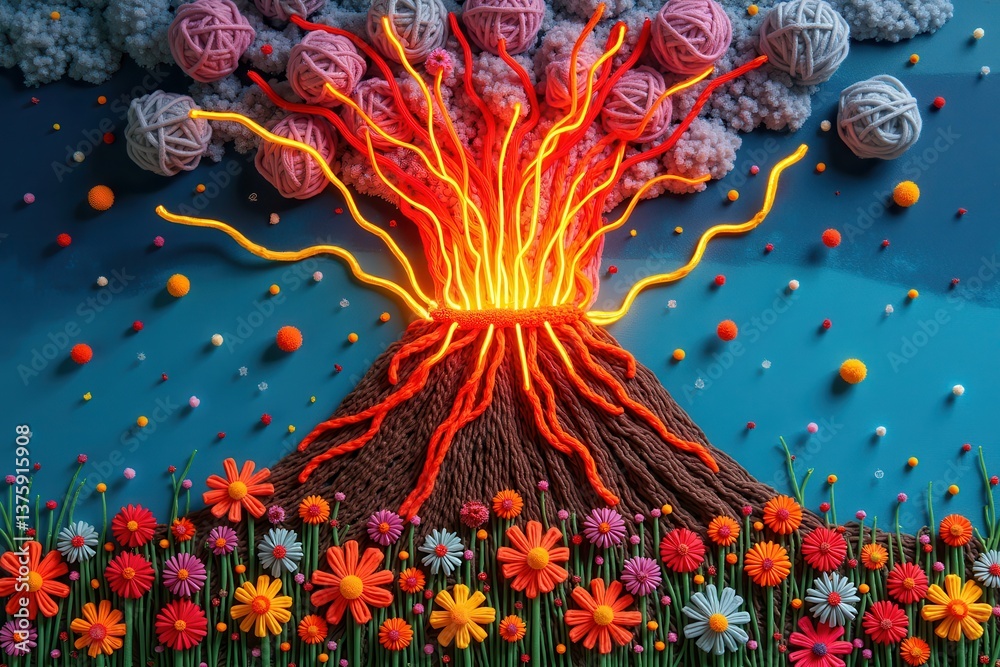 Volcano art with wool yarn explosion in colorful floral background