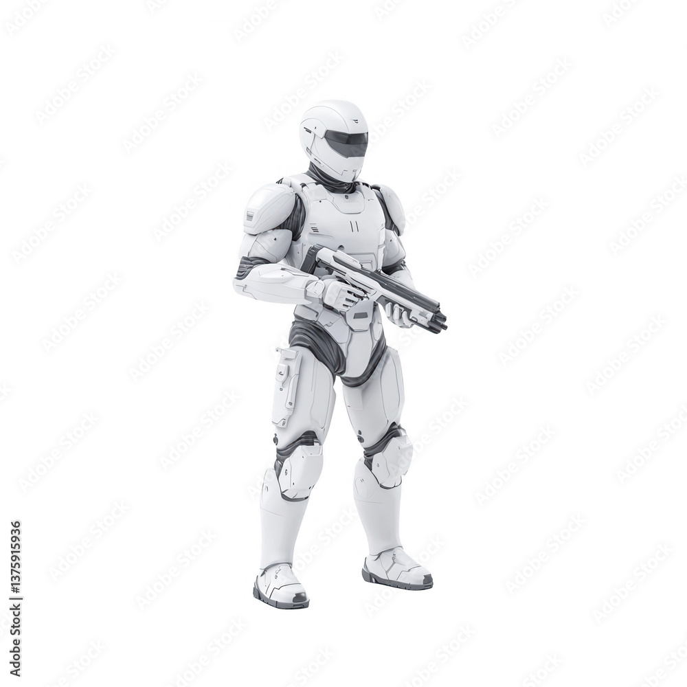 A futuristic robot stands confidently, equipped with advanced technology and a sleek design, against a white isolated background. Perfect for illustrating innovation and robotics. A futuristic robot stands confidently, equipped with advanced technology and a sleek design, against a white isolated background. Perfect for illustrating innovation and robotics.