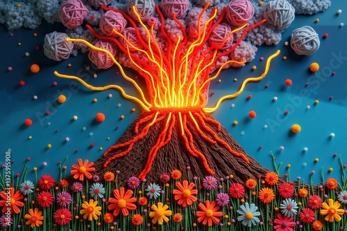 Obraz na płótnie Volcano art with wool yarn explosion in colorful floral background w salonie