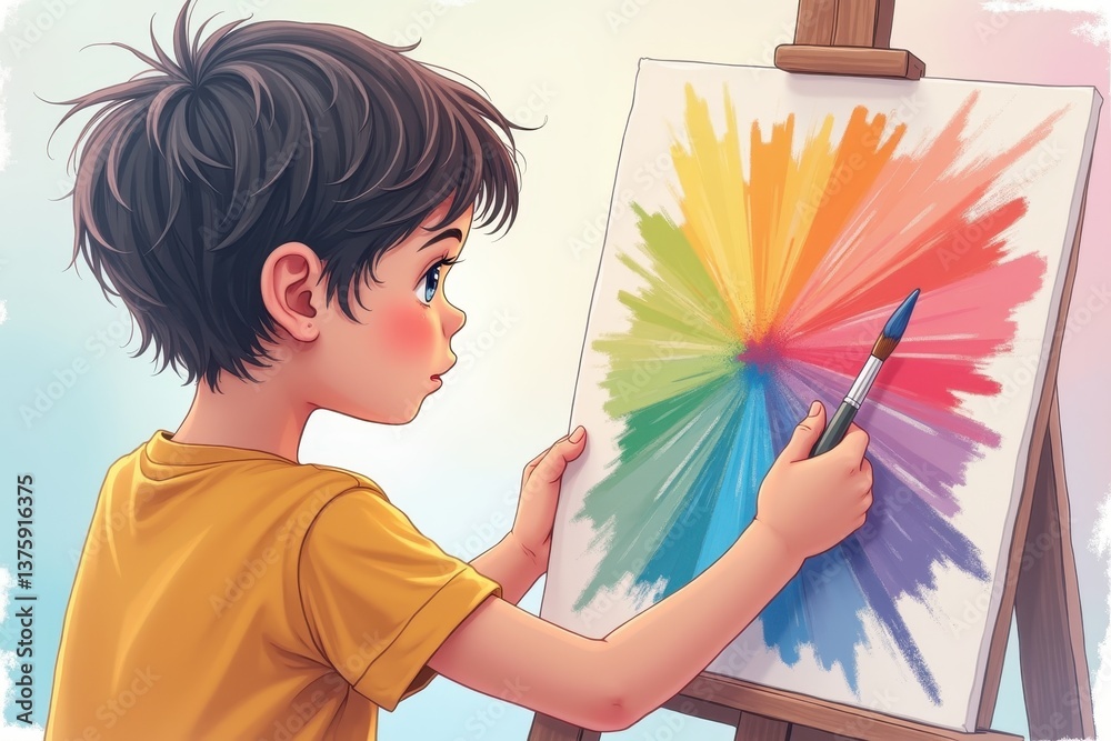Young artist painting rainbow spectrum on canvas