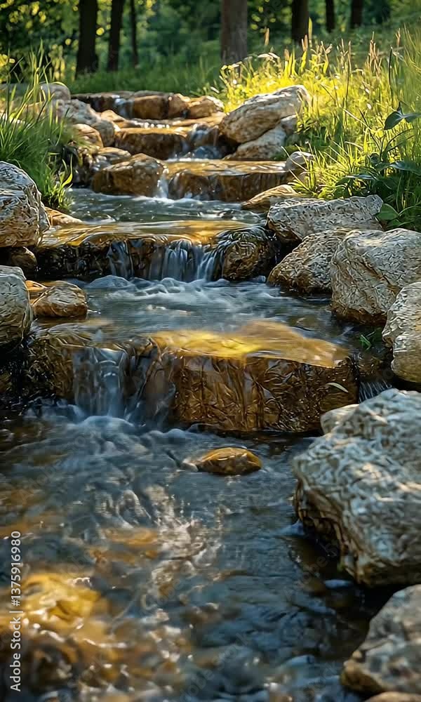 Cascading water flows over rocks in a sunlit forest stream