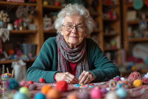 Obraz na płótnie Elderly woman enjoying knitting in cozy craft room w salonie