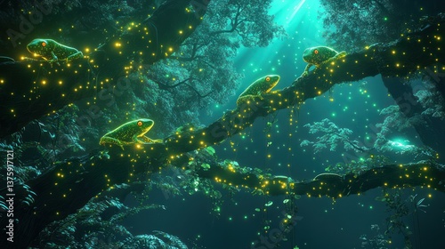 Wallpaper Mural Glowing frogs are perched on tree branches in a magical forest Torontodigital.ca