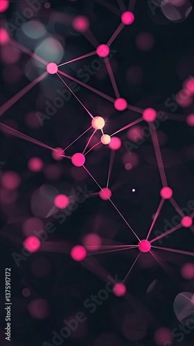 Pink network nodes glowing, abstract connection, dark background, technology concept