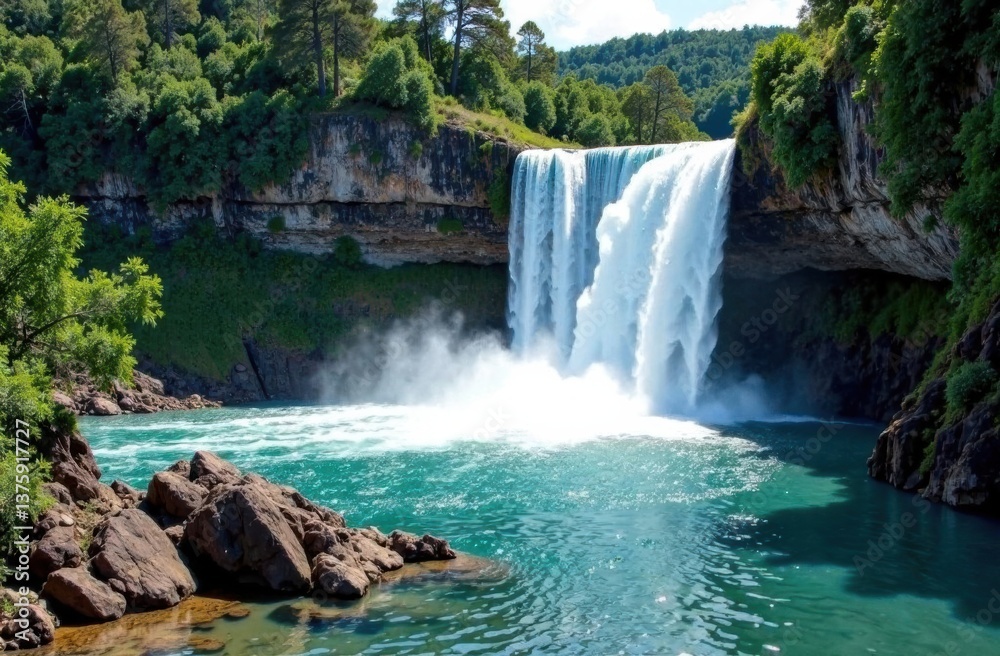 Fototapeta premium Majestic waterfall cascading into turquoise river amidst greenery 