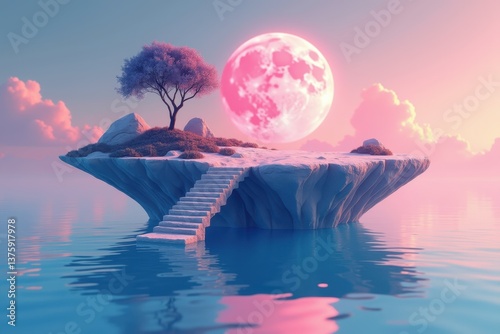 Floating island with tree pink moon in serene waters