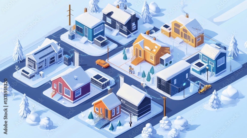 Obraz premium Isometric illustration of a neighborhood microgrid system powered by LFP battery storage units, with cutaway homes showing energy flow from batteries to appliances, illustration