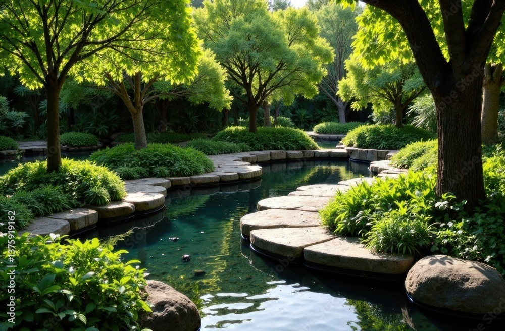 Fototapeta premium Serene garden pathway winding through lush greenery and water 