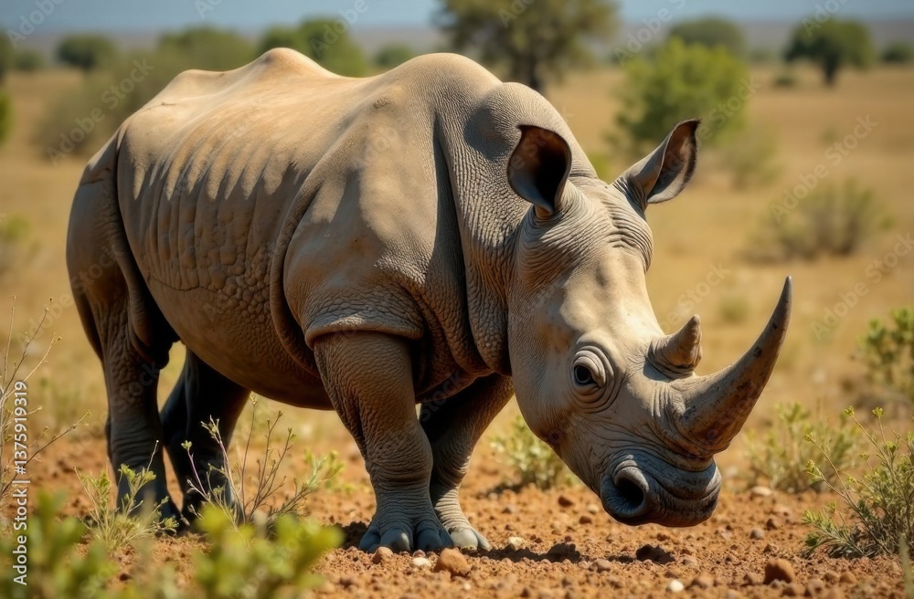 Obraz premium Rhinoceros grazing in the wild against a savannah background 