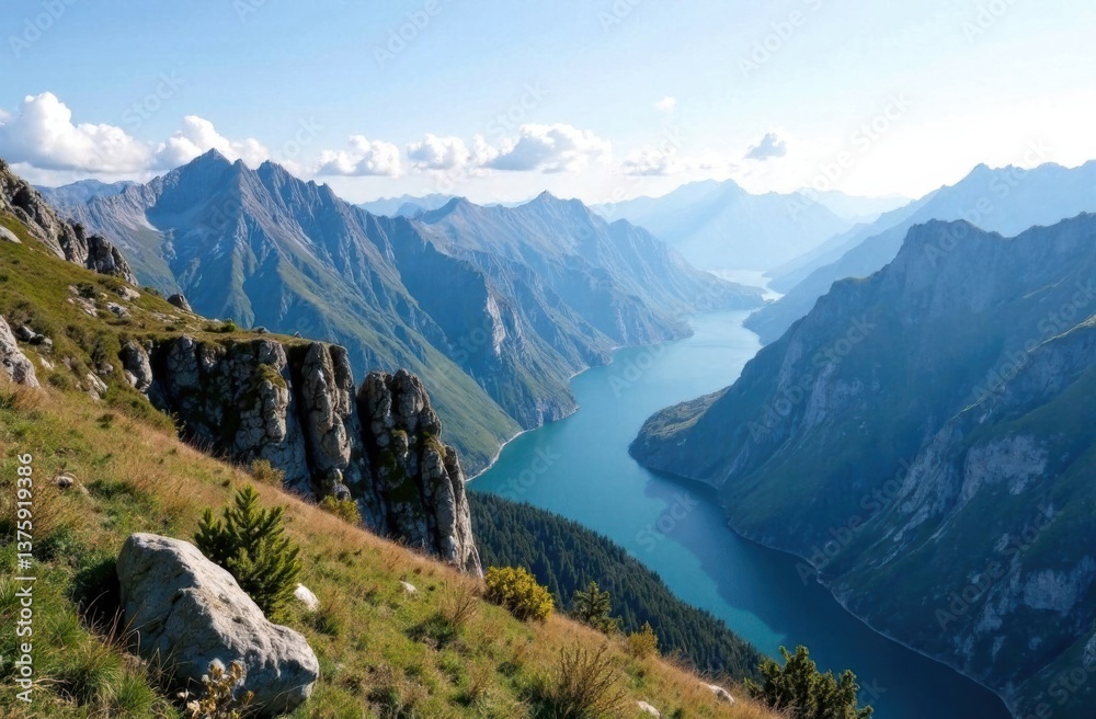 Majestic mountain landscape with a river and blue sky Majestic mountain landscape with a river and blue sky