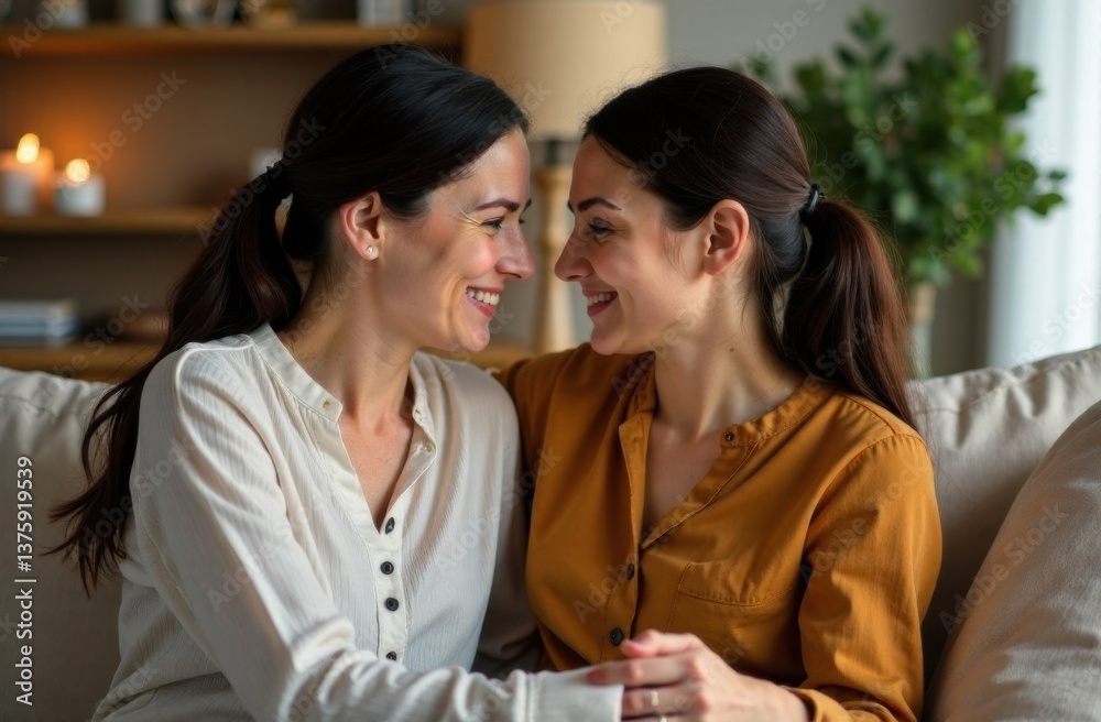 Two women smiling affectionately while sitting on a couch Two women smiling affectionately while sitting on a couch