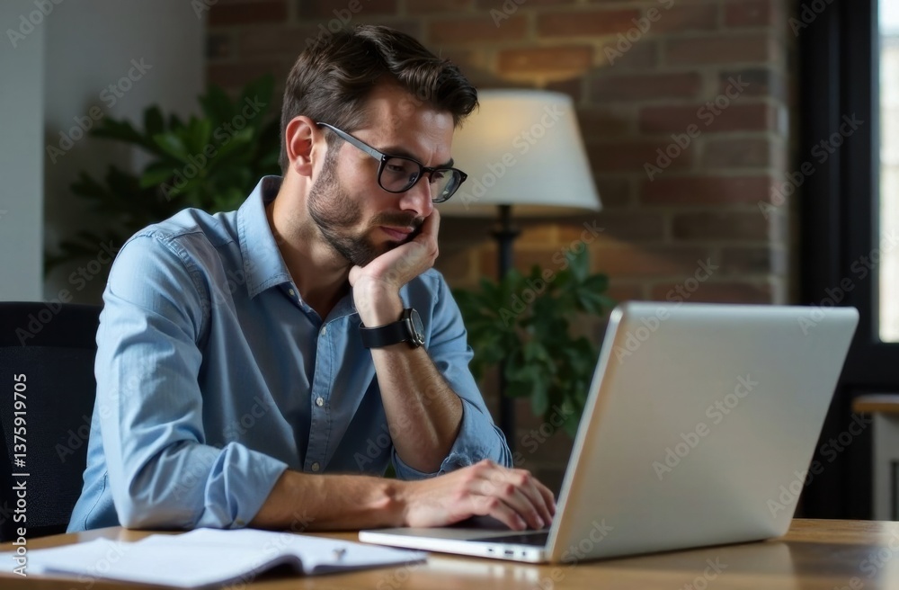 thoughtful man working on laptop in a cozy office  