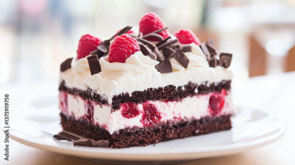 slice of decadent chocolate raspberry cake topped with fresh raspberries and chocolate shavings, showcasing layers of rich chocolate sponge and creamy filling slice of decadent chocolate raspberry cake topped with fresh raspberries and chocolate shavings, showcasing layers of rich chocolate sponge and creamy filling