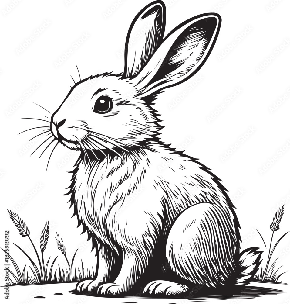 Bunny Rabbit Easter Symbol Black and White Vector Illustration, Sketch Drawing Line Linear Engraving, Hand-drawn Isolated Bunny Rabbit Easter Symbol Black and White Vector Illustration, Sketch Drawing Line Linear Engraving, Hand-drawn Isolated