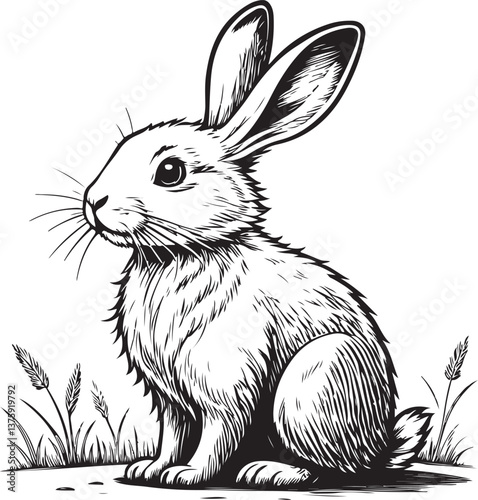 Bunny Rabbit Easter Symbol Black and White Vector Illustration, Sketch Drawing Line Linear Engraving, Hand-drawn Isolated