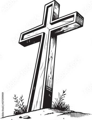 Christian Cross Black and White Vector Illustration, Sketch Drawing Line Linear Engraving, Hand-drawn Isolated