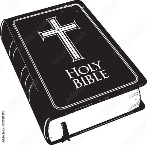 Holy Bible Book Christianity Religion Black and White Vector Illustration, Sketch Drawing Line Linear Engraving, Hand-drawn Isolated