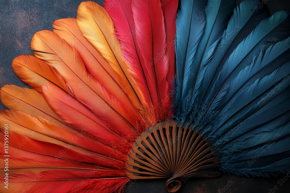 Colorful feather fan with vibrant red, orange and blue plumage for exotic fashion, performance, festivals and cultural celebrations