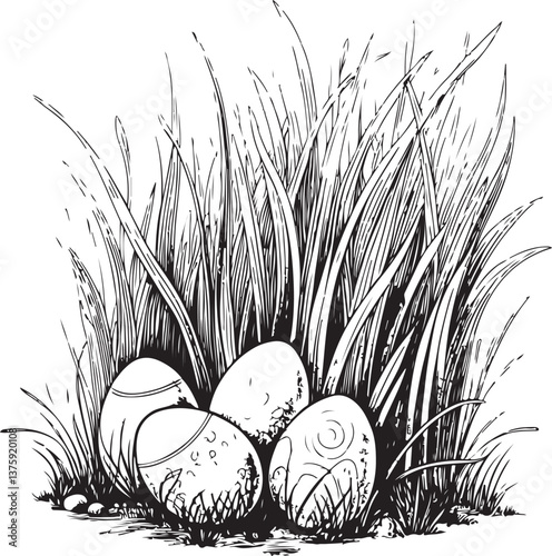Easter Egg Hunt Black and White Vector Illustration, Sketch Drawing Line Linear Engraving, Hand-drawn Isolated
