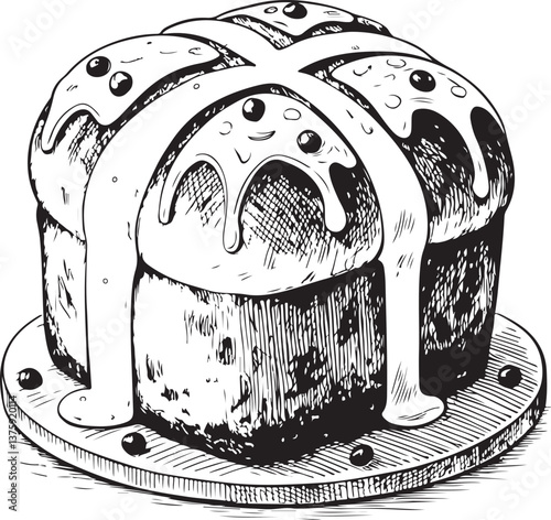 Easter Cake Paska Kulich Pannetone Black and White Vector Illustration, Sketch Drawing Line Linear Engraving, Hand-drawn Isolated