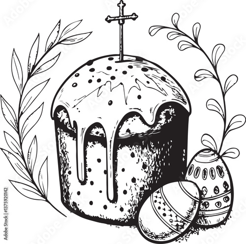 Easter Cake Paska Kulich Pannetone Black and White Vector Illustration, Sketch Drawing Line Linear Engraving, Hand-drawn Isolated