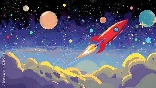 Whimsical Red Rocket in Galactic Skies