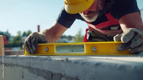 A construction worker checking the level of a surface at a job site. Featuring focus and precision
