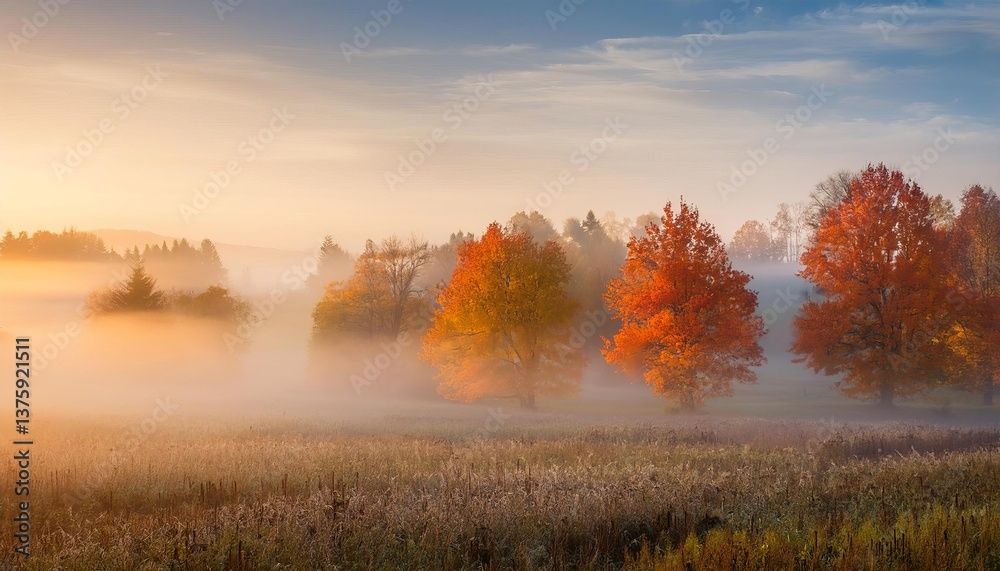Fototapeta premium Golden mist enveloping vibrant autumn trees at sunrise