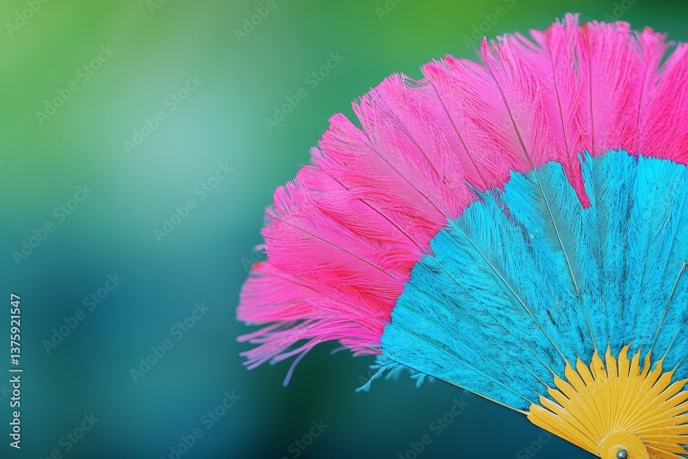 Bright feather fan with pink and turquoise plumage ideal for summer events, parades, party styling and exotic accessories