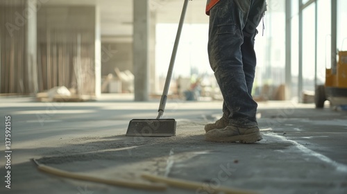 A construction worker cleaning a construction site after finishing work. Featuring tidiness and attention to detail