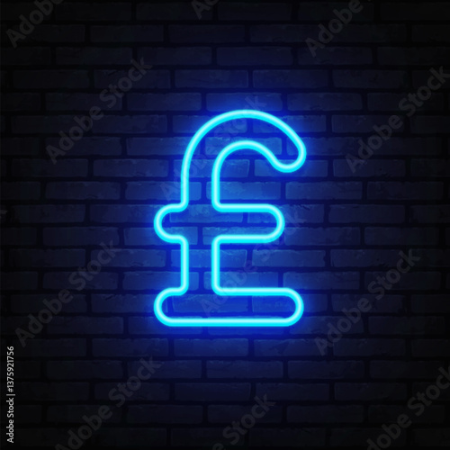 Pound sterling symbol in modern neon design glowing in blue light. The character is centered on a dark urban wall for contrast.