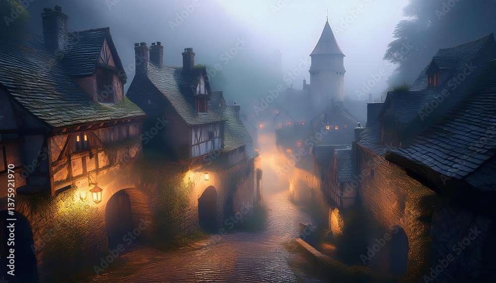 Obraz premium Fog entering medieval village at night with lanterns lighting street