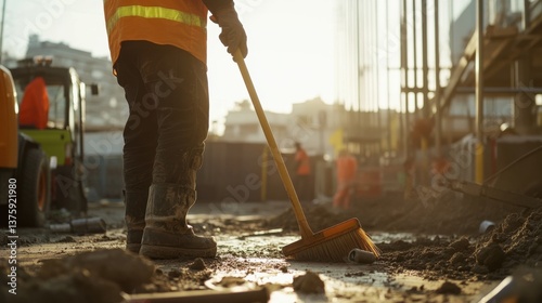 A construction worker cleaning a construction site at the end of the day. Featuring hard work and cleanliness