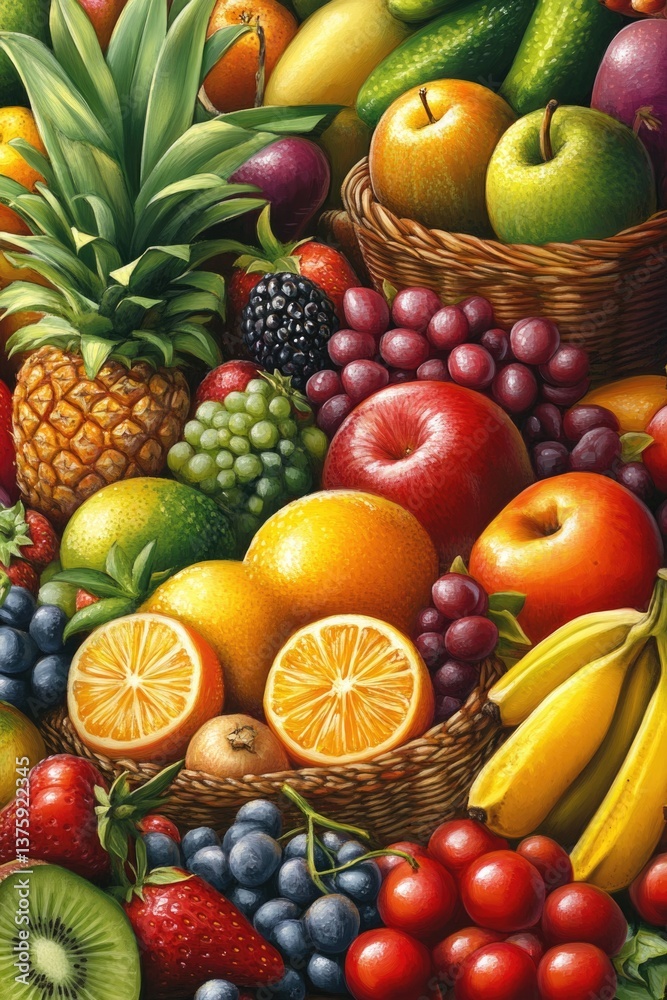 A lively setting showcasing a variety of ripe fruits and an assortment of vegetables. A lively setting showcasing a variety of ripe fruits and an assortment of vegetables.