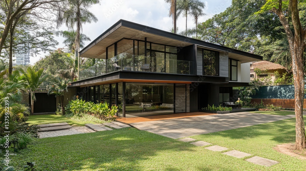 A stylish, high-tech two-story home with a cantilevered upper floor, glass walls, and minimalist aesthetics. A stylish, high-tech two-story home with a cantilevered upper floor, glass walls, and minimalist aesthetics.