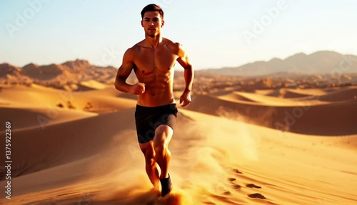 a man with an athletic body running in the desert
