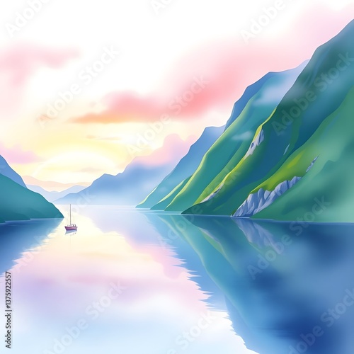 Tranquil Lake Surrounded by Emerald Mountains at Sunrise