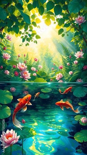 Tranquil Koi Pond with Lotus Flowers