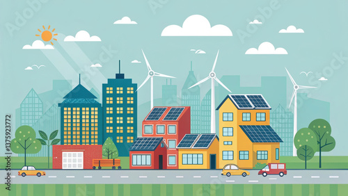 vibrant cityscape featuring modern buildings with solar panels, wind turbines, and lush greenery, showcasing commitment to sustainable energy and eco friendly living